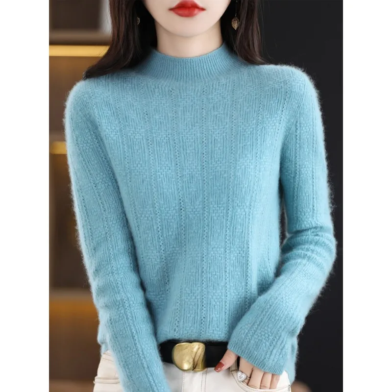 

Spring Merino Wool Cashmere Women Knitted Sweater Turtleneck Long Sleeve Hollow Out Pullovers Autumn Clothing Jumper Tops N163