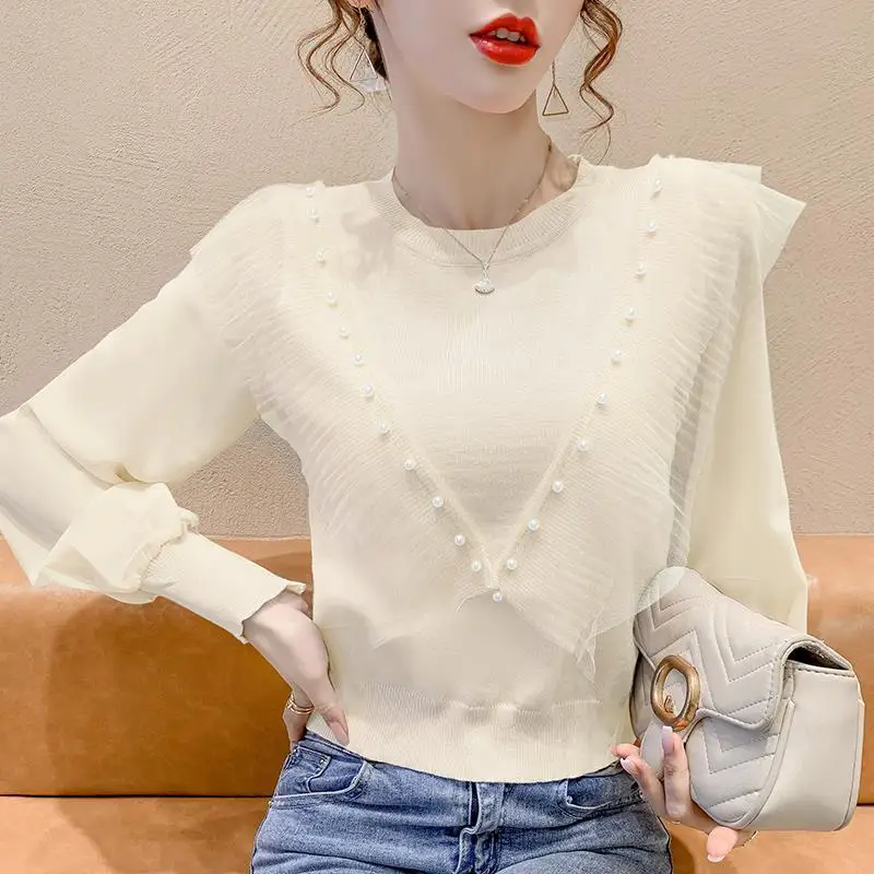 

Spring and Summer Mesh Stitching Ruffled Beaded Round Neck Long-sleeved Knitted Top Women's Loose Solid Color Pullover Sweater