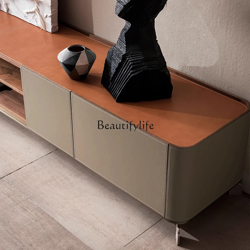 yj21 Italian minimalist TV cabinet saddle leather living room household high-end stainless steel high-end video cabinet
