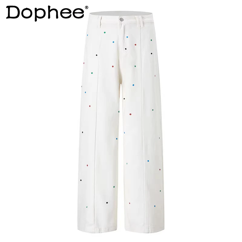 

Элитные джинсы с разноцветным принтом в горошек для мужчин и женщин, парные, весна 2026, модные широкие джинсы с цветовыми вставками