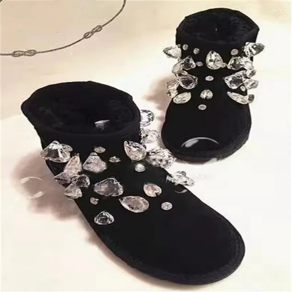 Crystal accessories Hand sewn drill fur One Snow boots Black banquet wedding party thickened women's cotton shoes 35-40