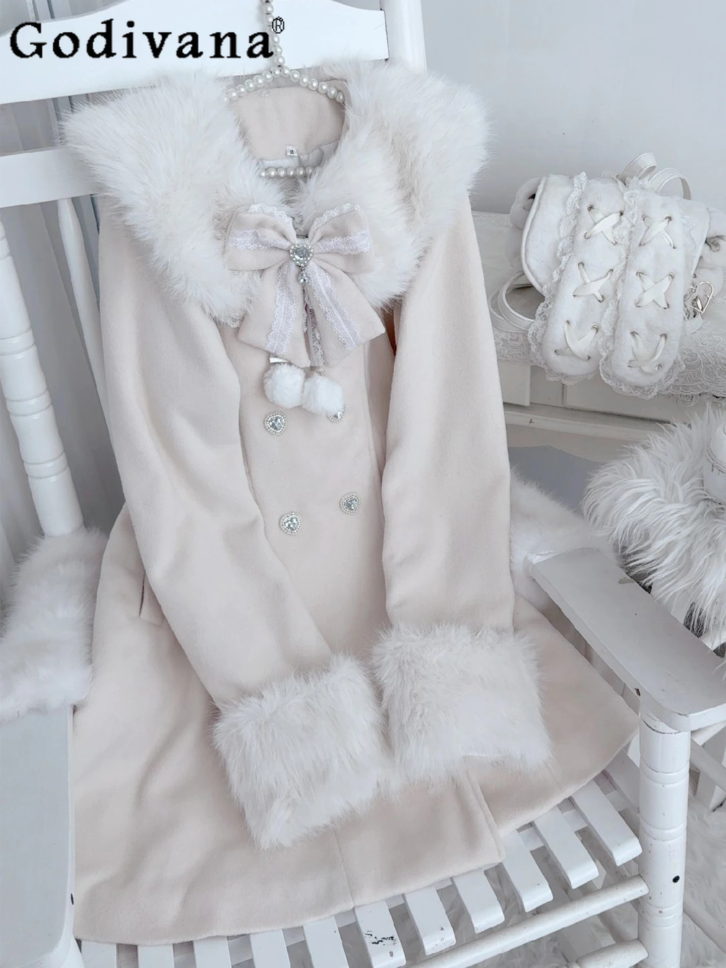 

Осень-зима 2024, новое милое японское оригинальное шерстяное пальто Лолиты с меховым воротником и бантом, куртка Kawaii для девочек