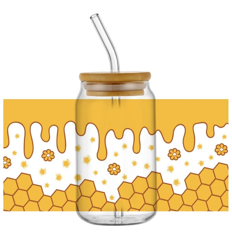 Cartoon Bee Honeypot Pattern UV DTF Transfer Sticker Waterproof Transfers Decals For 16oz Glass Cup Wrap Stickers