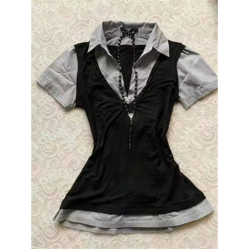 Retro 2000s Y2K Fake Two‑Piece Tees Female Slim Half Sleeve Tops Turn‑Down Collar Button Korean Fashion Casual Street Outfits