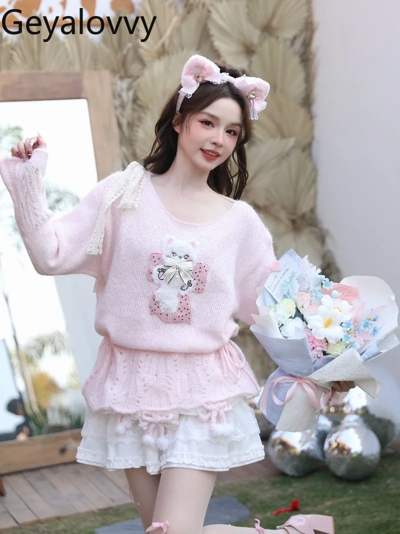 

Свитер-пуловер с бантом и рукавами-колокол, милый и универсальный, для девочек, свободный крой, с завязками на талии, ажурный дизайн, трикотаж