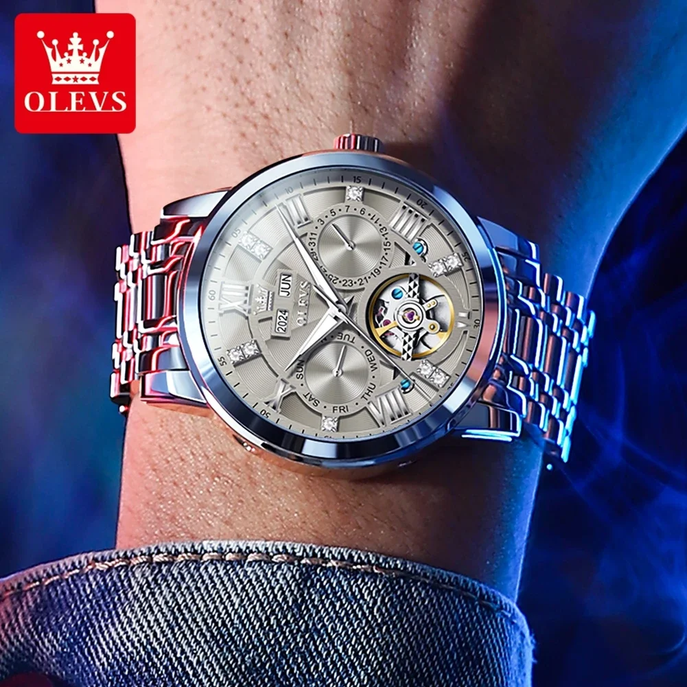 OLEVS Original Men's Watches Skeketon Flywheel Automatic Mechanical Wristwatch for Man Waterproof Luminous Perpetual Calendar