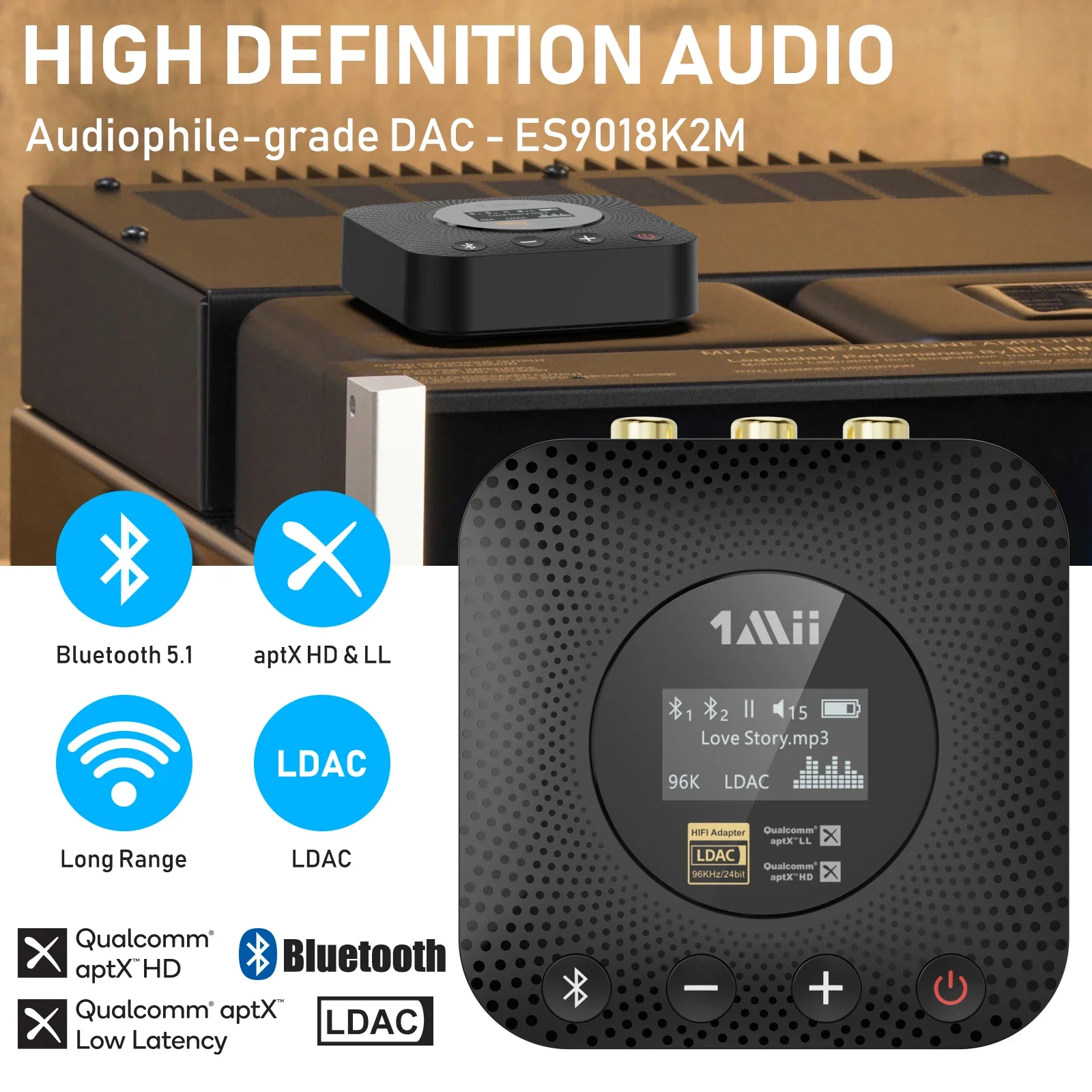 2023 1Mii B06HD+ Hi-Res LDAC Bluetooth 5.1 Music Receiver with OLED Display Wireless Audio Adapter for AV Receiver/Amplifier