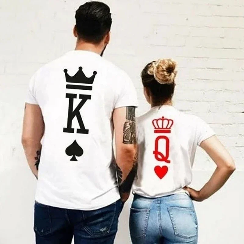 King Queen Behind Printing Couples Tee Shirt Lover Summer Casual Unisex T-shirt Crown Print Couple Clothes Women Man Tops