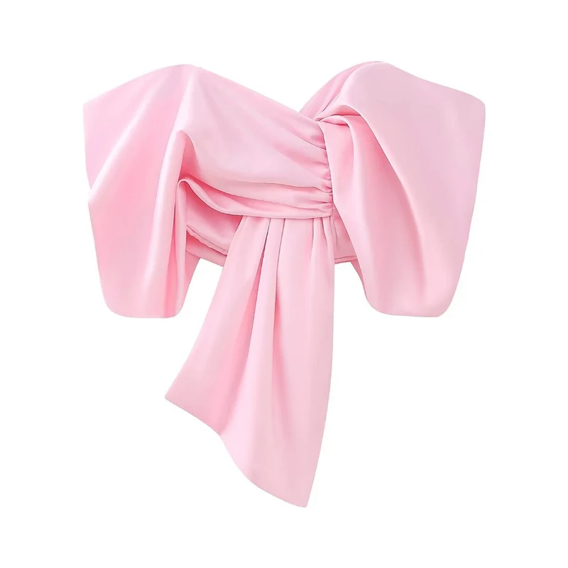 YENKYE Sweet Pink Satin Bow Irregular Tops For Women Sexy Off Shoulder Backless Crop Top New 2024 Lady High Street Party Tops