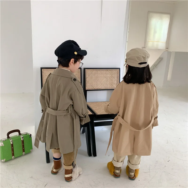 Trench Autumn New Korean Children Windbreaker Loose Coat Boys and Girls Long Turn Down Collar Tide 2024 Turn Down Collar