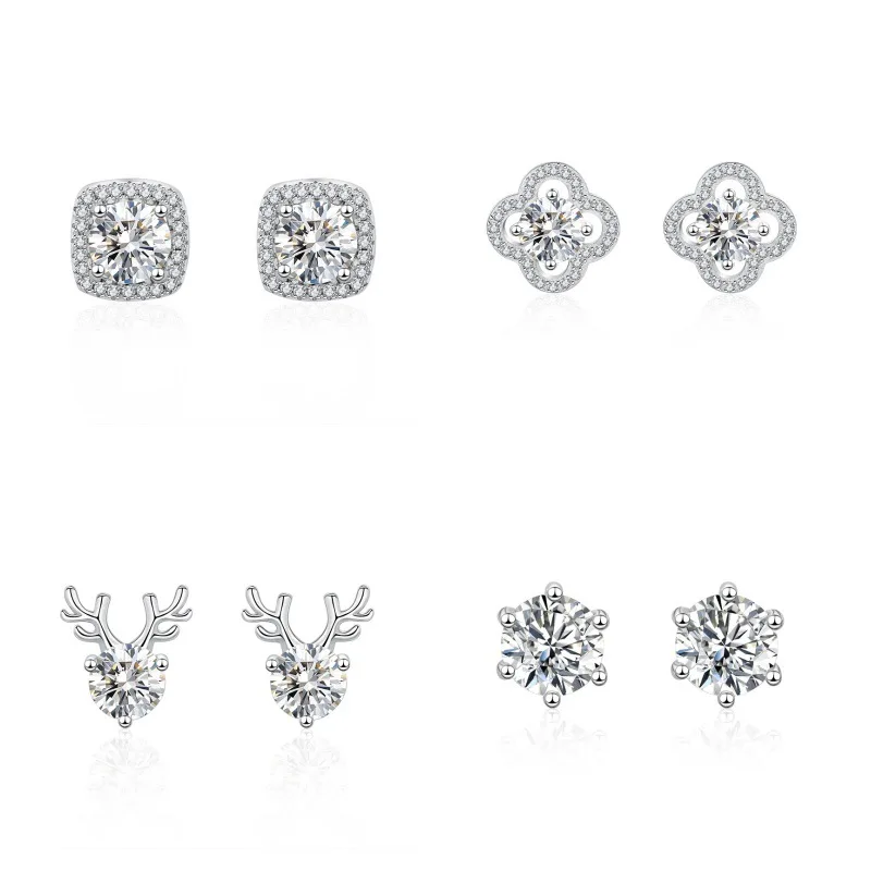 S925 pure silver zirconium oxide heart four-prong six-prong earrings - fashionable and simple jewelry for ladies