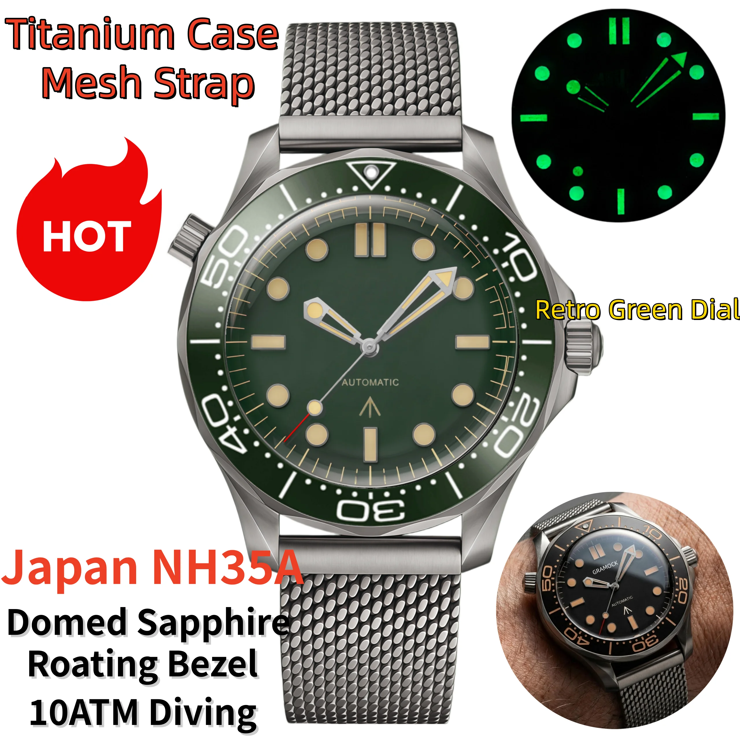 Customize Retro Green Dial Luminous Watch For Men 007 NTTD Mechanical Domed Sapphire Ceramic Bezel Men's Titanium Watch Diver