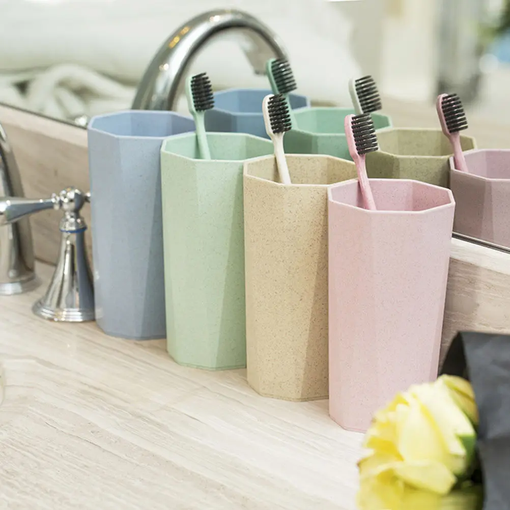 Creative Octagon Wheat Straw Couple Toothbrush Cups Nordic Pink Lightweight Stackable Cups for Drink Coffee Tea