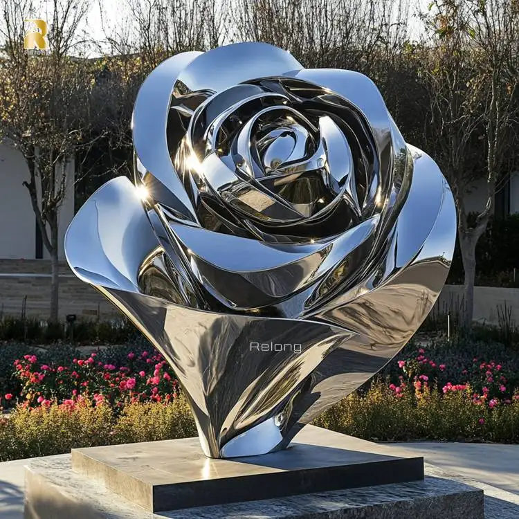 نحت زهرة معدنية مزخرفة كبيرة للحديقة، نحت ورد من الفولاذ المقاوم للصدأ #4