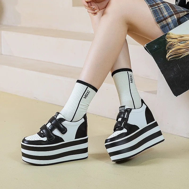 High quality 12cm Synthetic Genuine Leather Boot Ankle Women Autumn Spring Cowboy Platform Wedge High Brand Chunky Sneaker Shoes