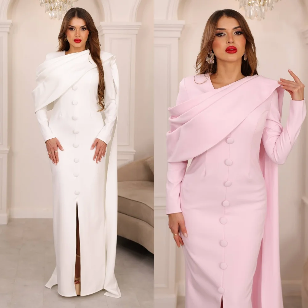 

Customized Classic Jersey Pleat Button Straight Scoop Neck Long Dresses Bespoke Occasion Evening High Quality