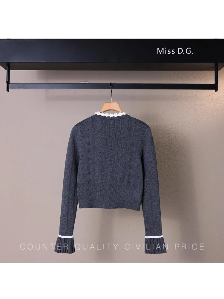 French Elegant Sweet Knitted Skirt Set Beaded Round Neck Long Sleeve Cardigan High Waist Pleated Skirts Two-Piece Set for Women