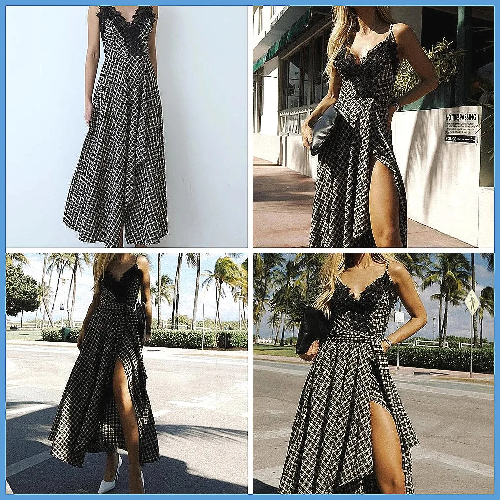 

Retro Plaid Patchwork Sling Dress for Women, Off Shoulder V-Neck Split Midi Holiday Gown