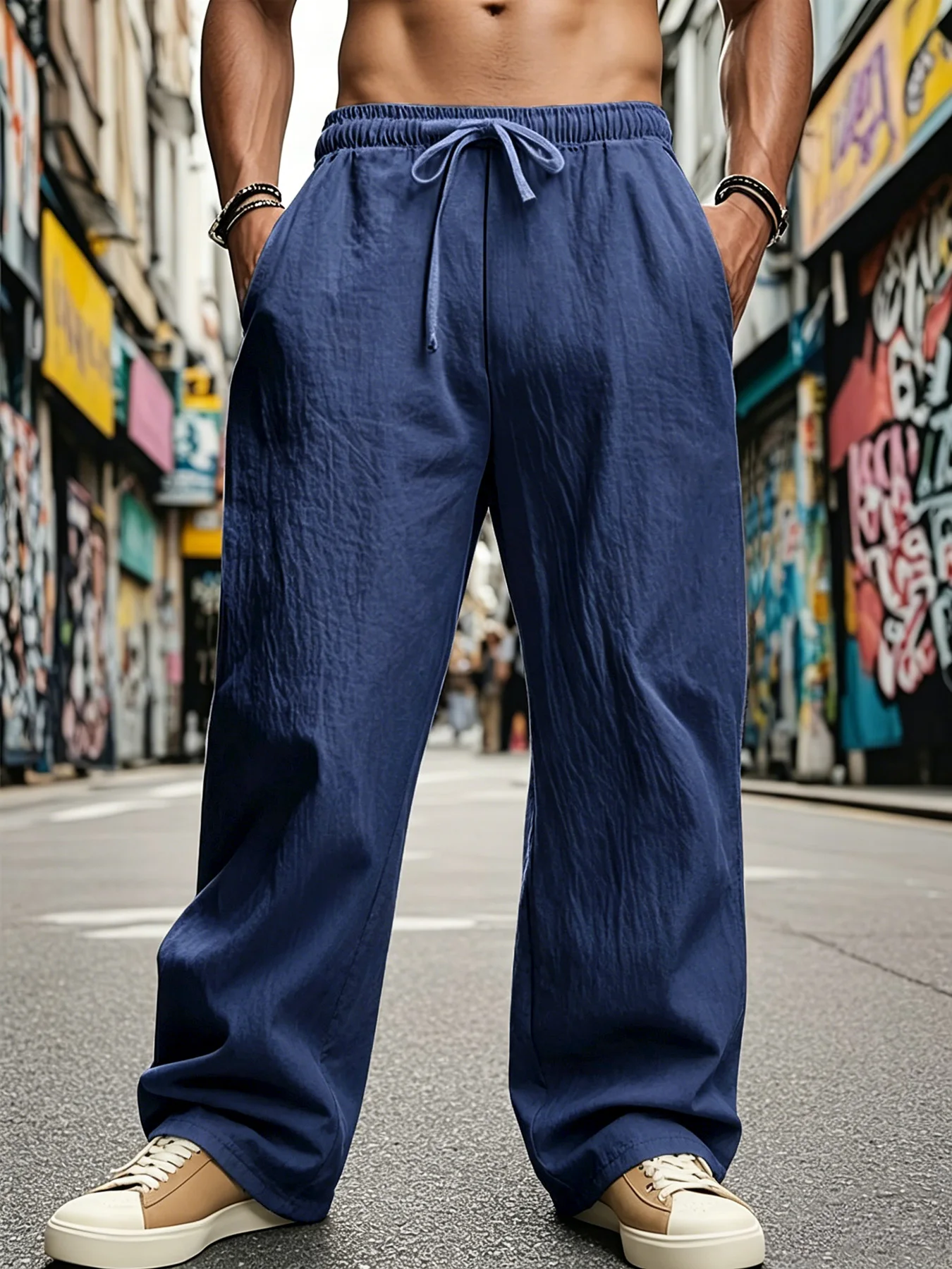 Men\'s Lightweight Long Pants Summer Solid Color Breathable Loose Trousers Male Elastic Waist Casual Pants Harajuku Trousers