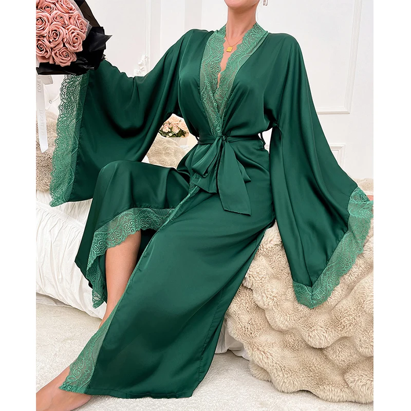 

Женский халат, роскошная атласная пижама с кружевной отделкой, халат для душа с расклешенными рукавами, удобный шелковистый домашний халат, длинные сексуальные ночные рубашки с v-образным вырезом