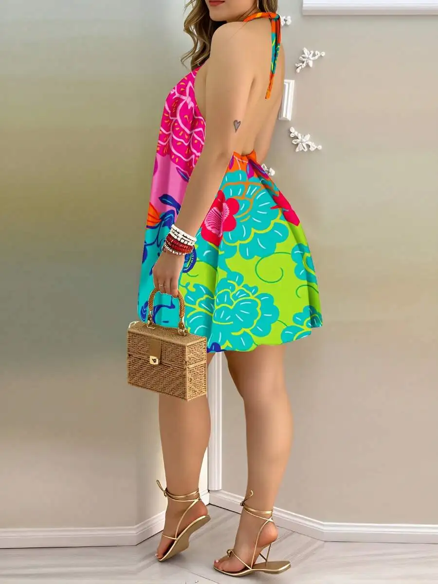 

Colorful Floral Print Halter Neck Mini Dress Women Summer Beach Casual Swing Dress With Rattan Handbag