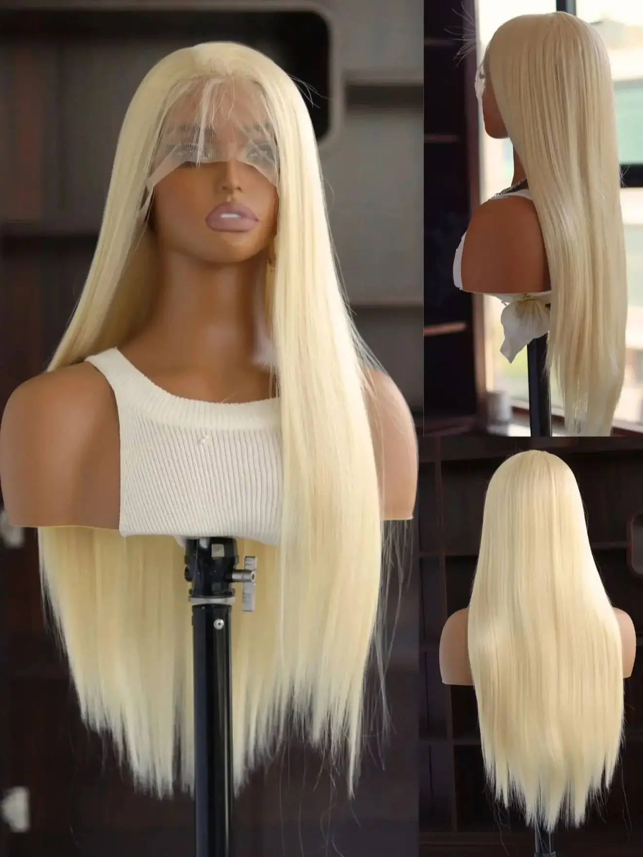 Platinblonde synthetische Lace-Front-Perücken für schwarze Frauen, gerade Spitzenperücke, vorgezupfte, hitzebeständige Faser-Damenperücke – Detail 1