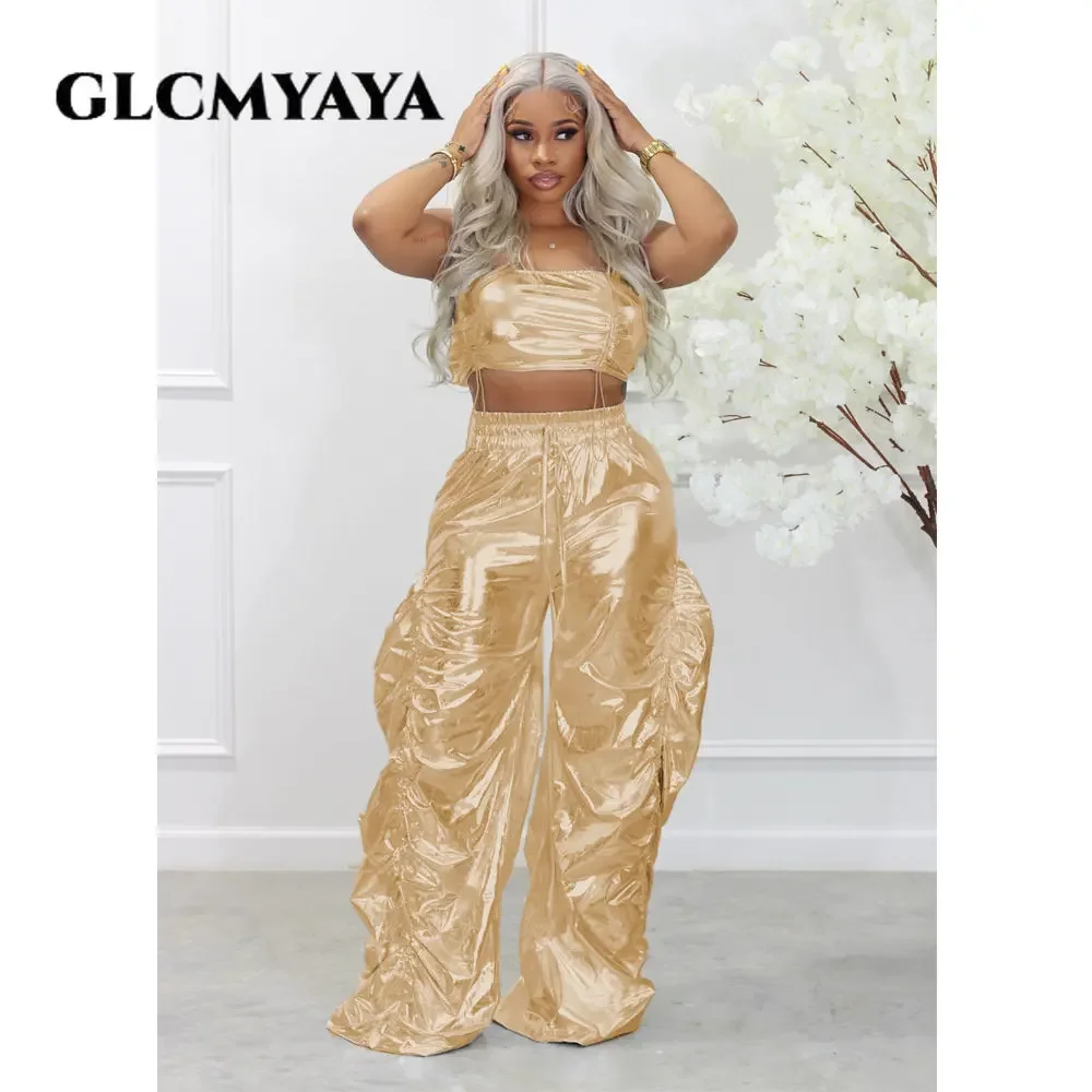 GLCMYAYA Bright Faux Leather Women\'s Set Crop Top + Ruffles Side Ruched Straight Wide Leg Pants Two 2 Piece Set Outfit Tracksuit