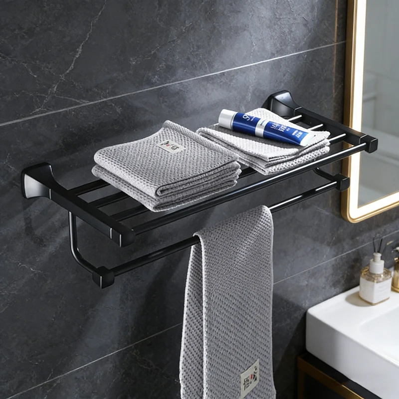

55cm Black Towel Rack Wall-mounted Black Oil Brushed Aluminum Towel Holder with Hook Bathroom Accessories Bath Shelves