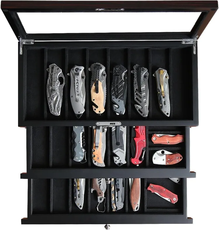 

Pocket Knife Display Case for men collection holder 22-26 folding knife with Ebony Finish Three-Tier Knife organizer storage box