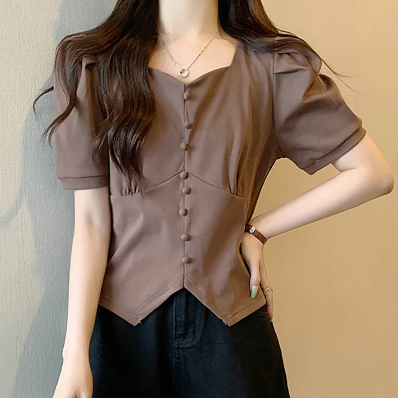Puff Sleeve T Shirt Women Solid Elegant Sweet Preppy Lovely Button Tees Korean Fashion Clothing Summer Square Collar Crop Tops