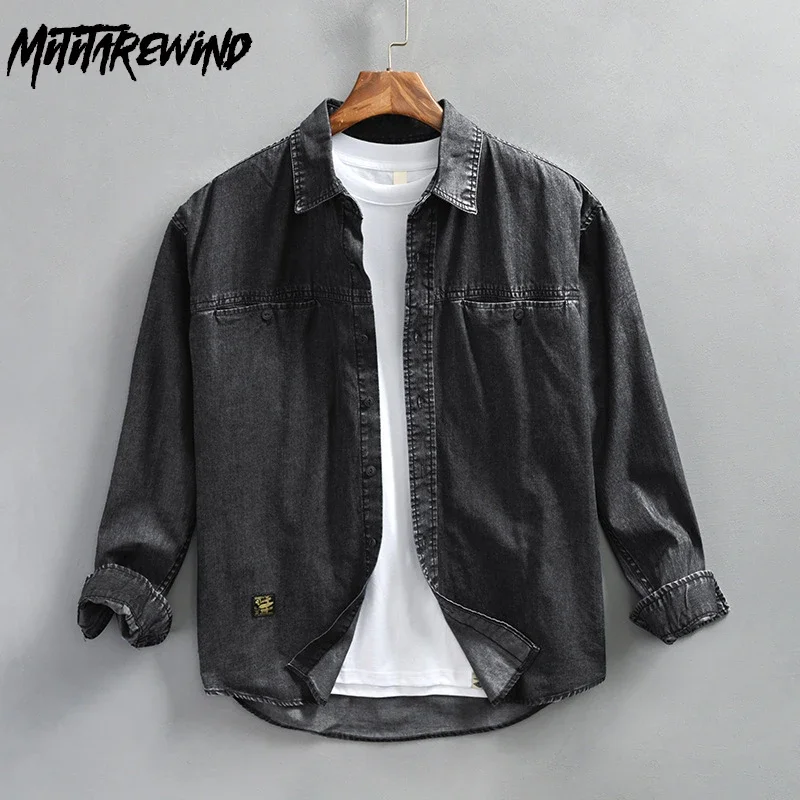 

Мужская джинсовая рубашка с длинным рукавом из 97% хлопка, размер 4XL, повседневная рабочая одежда, японский ретро-стиль, черная джинсовая рубашка, мужская свободная ковбойская рубашка на весну-осень