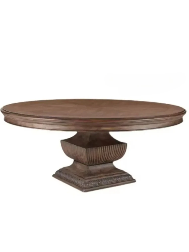 American dining table light luxury solid wood carving round dining table and chair combination French retro old country simple