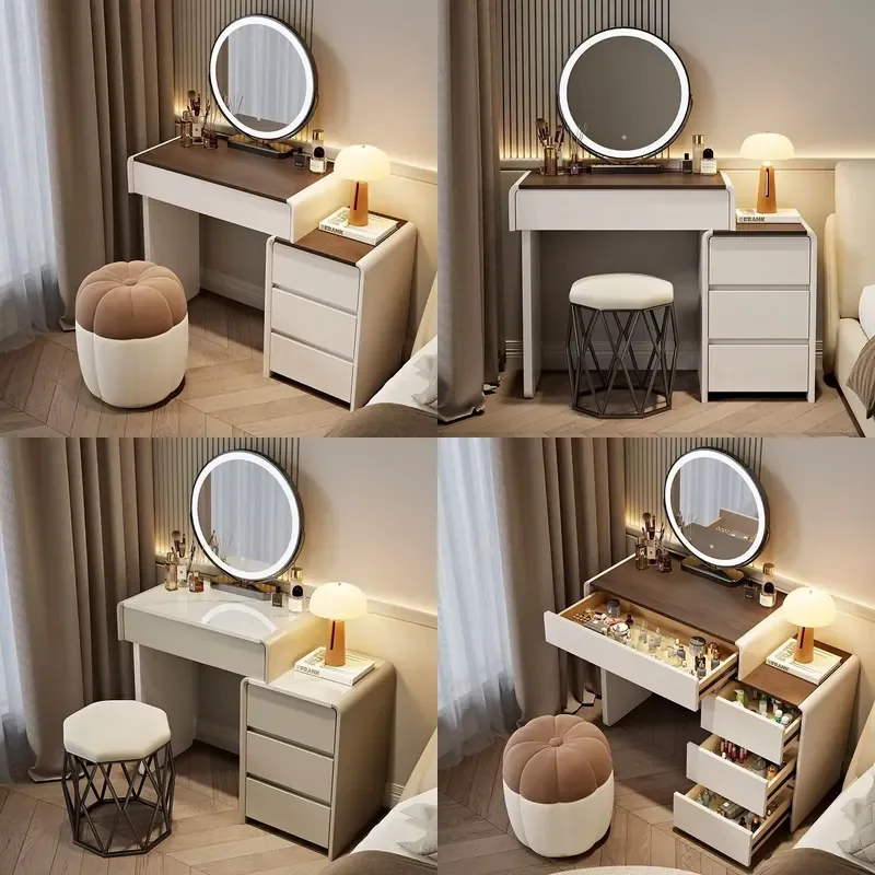 Modern European Luxury Dressing Table with LED Mirror Cream Wooden Makeup Vanity Desk 60 70 80cm Storage Cabinet for Small