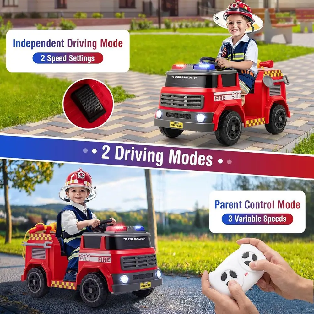 รถดับเพลิงเด็กนั่งขับ แบตเตอรี่ 12V ของเล่นรถดับเพลิงพร้อมปืนฉีดน้ำและถังดับเพลิง รีโมทคอนโทรล อินเตอร์คอม พลั่ว 1 ที่นั่ง