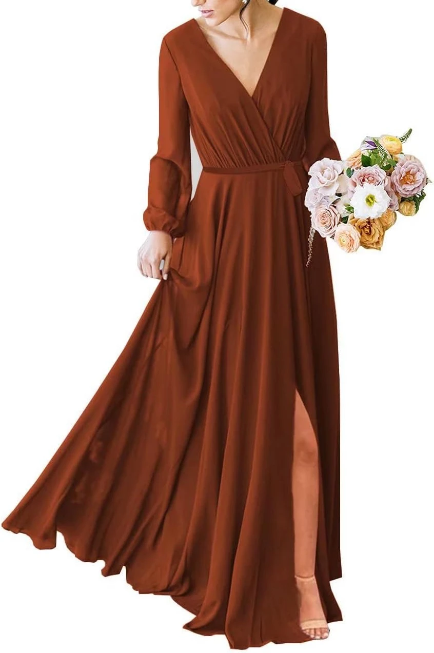 Customized New Popular Euramerican Trend Chiffo Bridesmaid Vestidos Simple Solid Deep V Puff Full Sleeve Gown Slim Waist Bow Lac