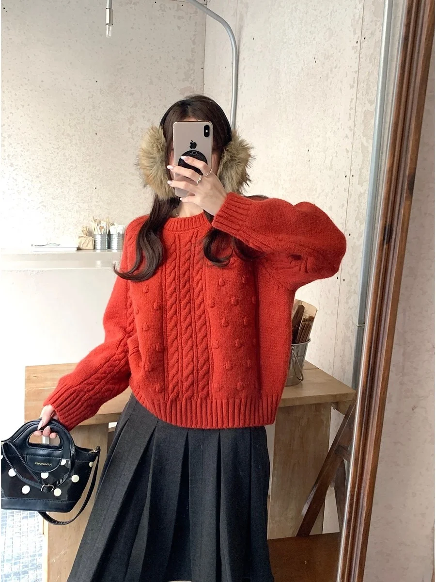 

Cisas Theme Thiened Loose Knitted Sweater Women's Faion Casual Commute Sle Red Twist Knit Top for Winter Season