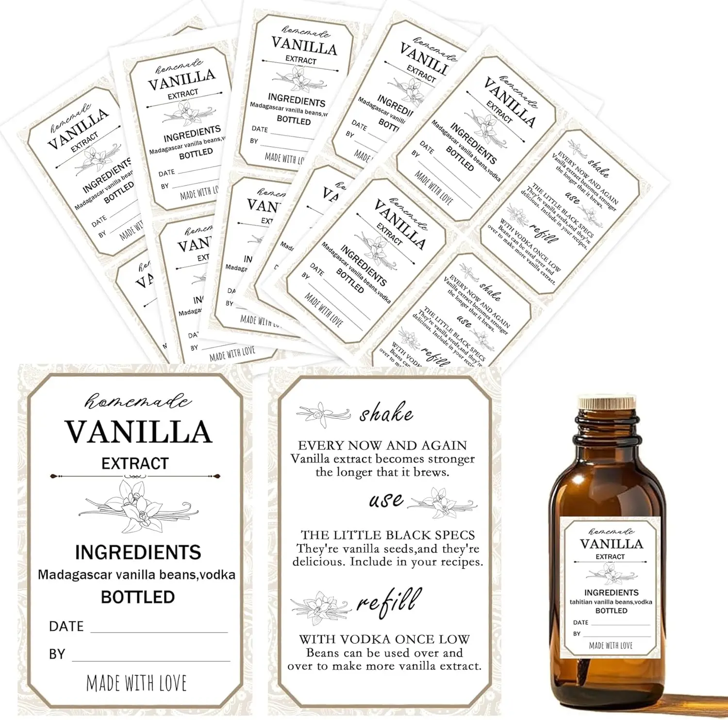 

1,5x2,36 дюймов самодельные наклейки с экстрактом ванили с инструкциями наклейки с экстрактом ванили Мадагаскара и водки