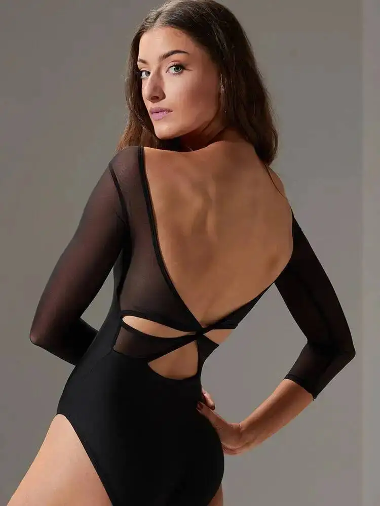 Oniflyme Patchwork Sexy dos nu voir à travers maille femmes body blanc à manches longues col en v body automne élégant fête Clubwear