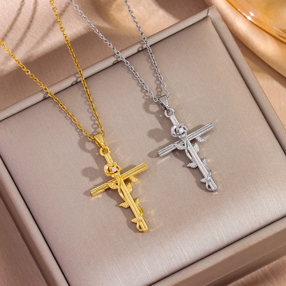 Neu In Vintage Rose Wrap Kreuz Anhänger Halsketten Für Frauen Luxus 18K Gold Überzogene Edelstahl Hals Kette Schmuck Weibliche