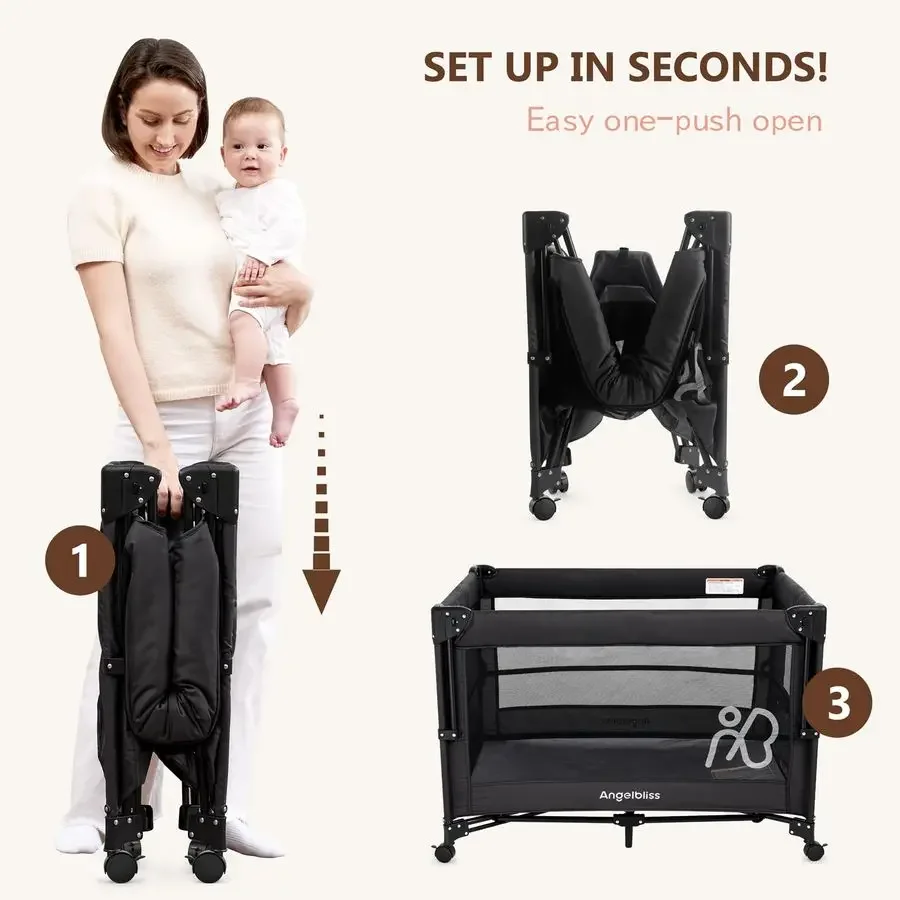 سرير أطفال بجانب السرير، حزمة ولعب مع مرتبة، مبدل الحفاضات، ألعاب إعداد OnePush من الرضع إلى الأطفال الصغار باللون الأسود
