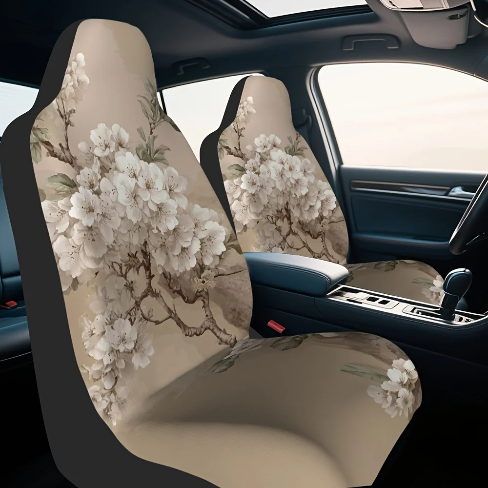 2pcs Chinese Floral & Bird Car Seat Covers - Elegant & Brown Design, Fit For All Vehicles, Durable Polyester, Machine Washable,