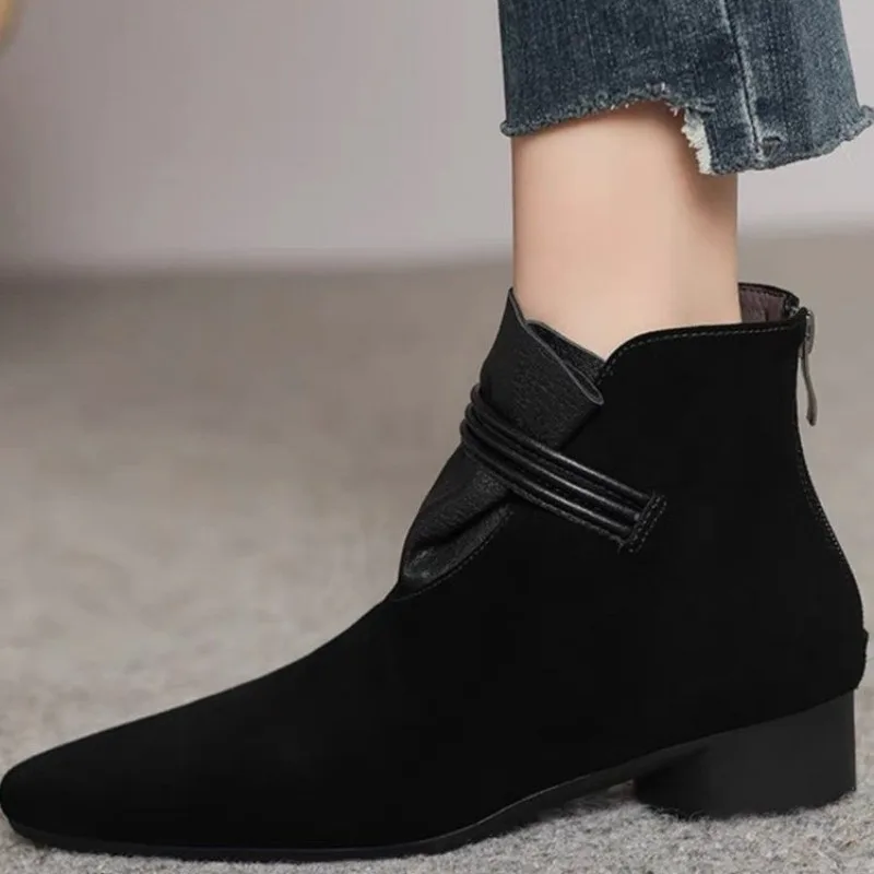 Fur Boots Winter New Suede Warm Outdoor Casual Low Heel Pointed Toe Shoes Rear Zipper Fashion Boots for Women Botas De Mujer