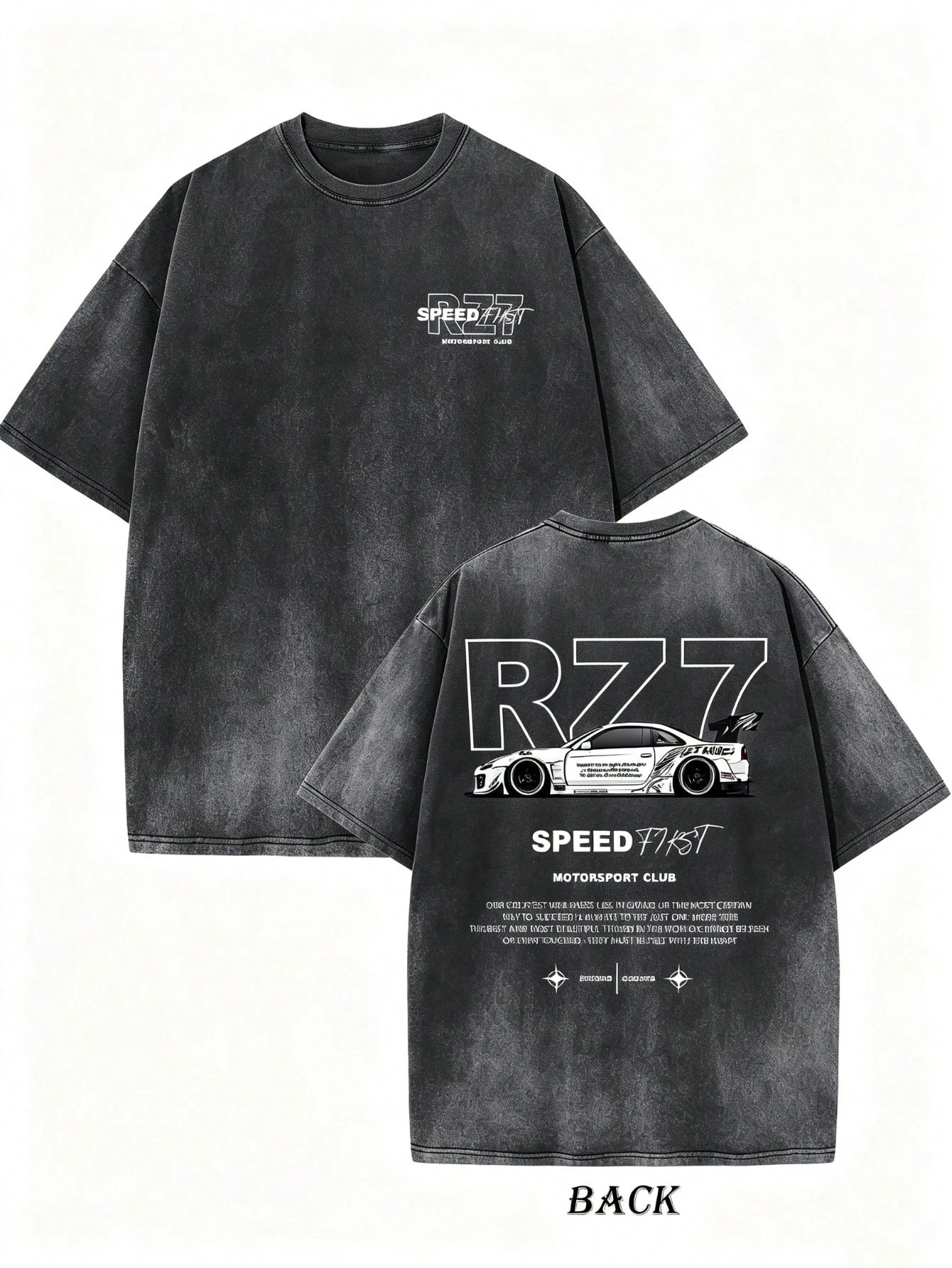 Mens Vintage Washed Black T Shirt R77 Racing Car Graphic Back Print Oversized Short Sleeve Motorsport Streetwear