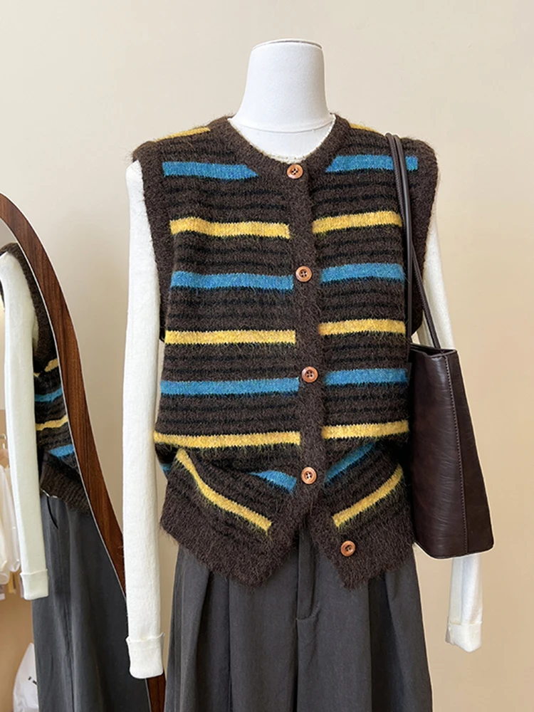 

Женский вязаный жилет в полоску с круглым вырезом на одной пуговице, в стиле ретро, для осени и зимы, новая модная модель для повседневной носки