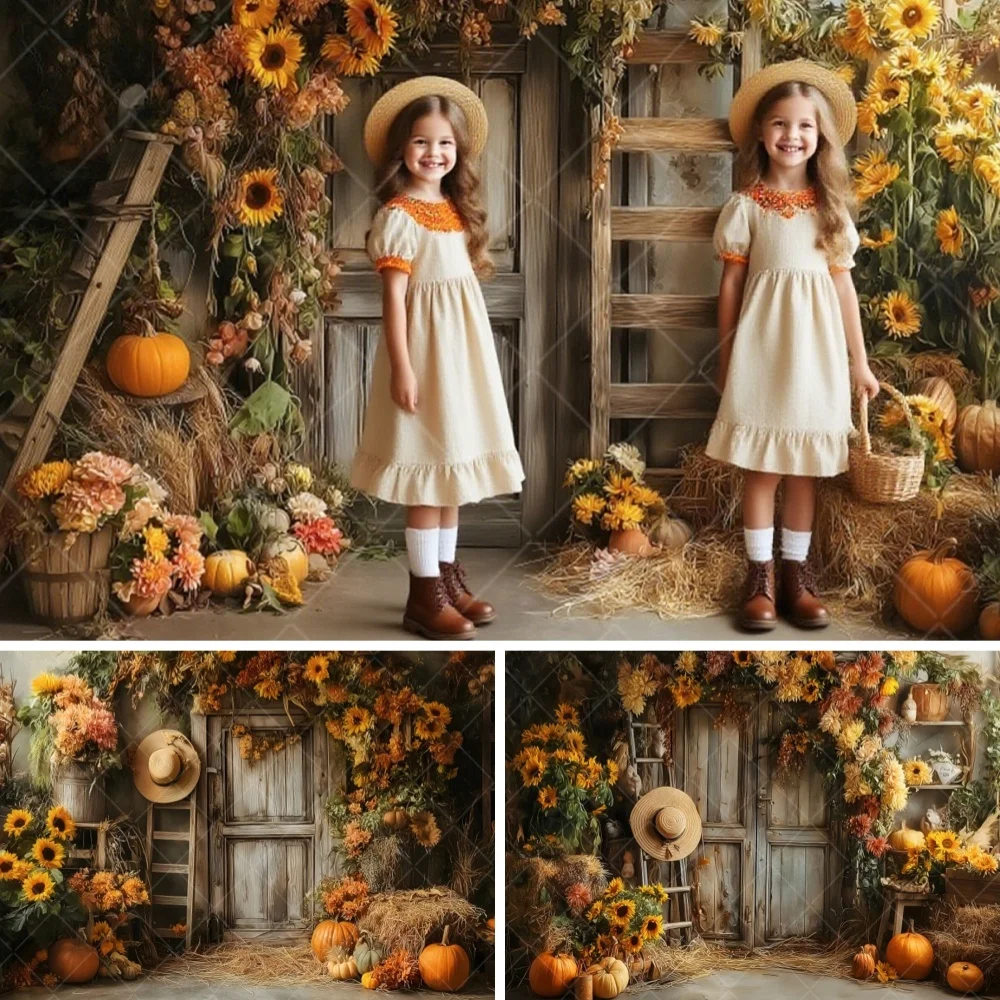 

Autumn Photography Backdrop Rustic Barn Door Pumpkins Maple Leaves Sunflower Kids 1st Birthday Portrait Background Photo Studio