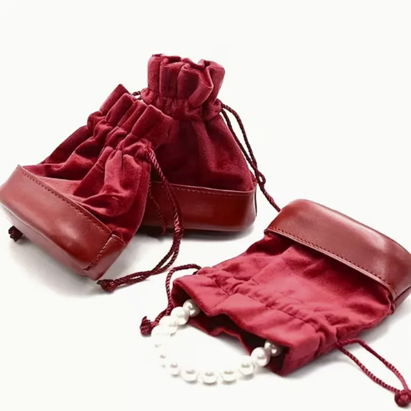 

Leather Spliced Portable Drawstring Jewelry Bag for Rings Stud Earrings Accessories Headphones and Small Items Storage Bag