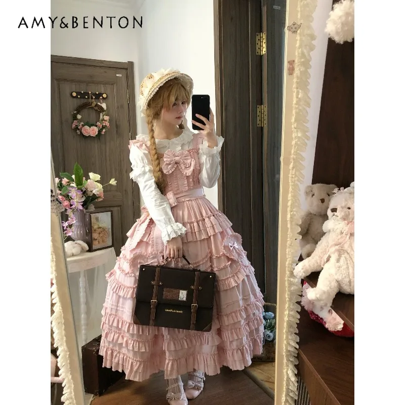 Origineel ontwerp zoete, zachte feeënstijl CLA-serie Lolita jurk schattige strikriem slanke midi-lengte JSK band lange jurk voor dames