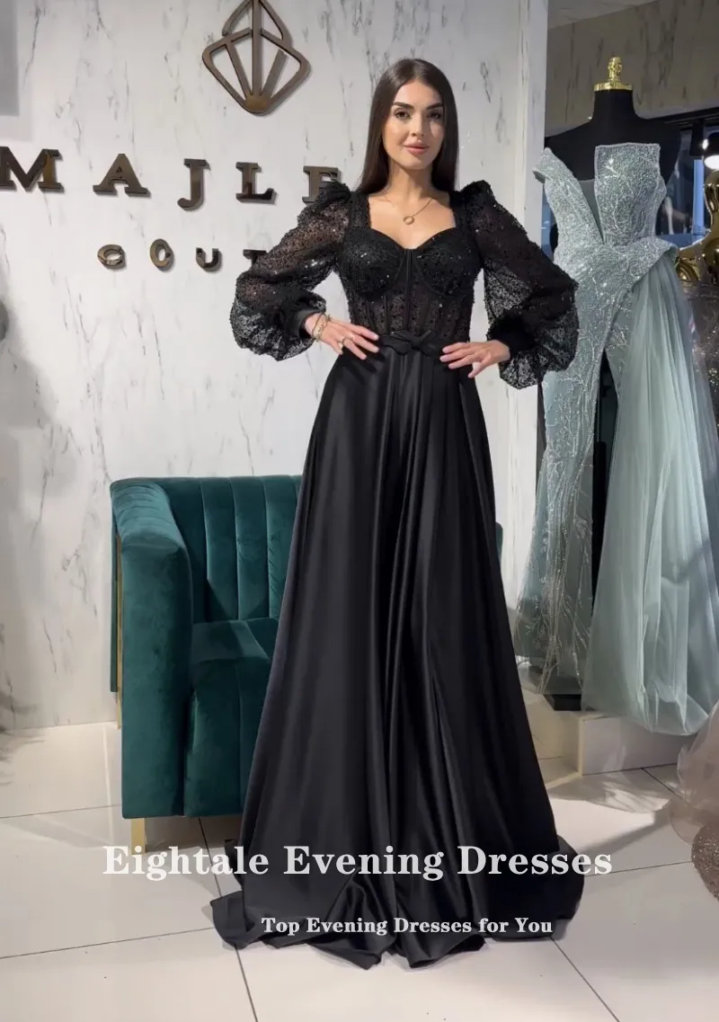 Eightale Elegant Evening Dresses Shiny Sequin Long Sleeves A-Line Prom Party Gown Side Slit Arabic Wedding Vestidos De Fiesta