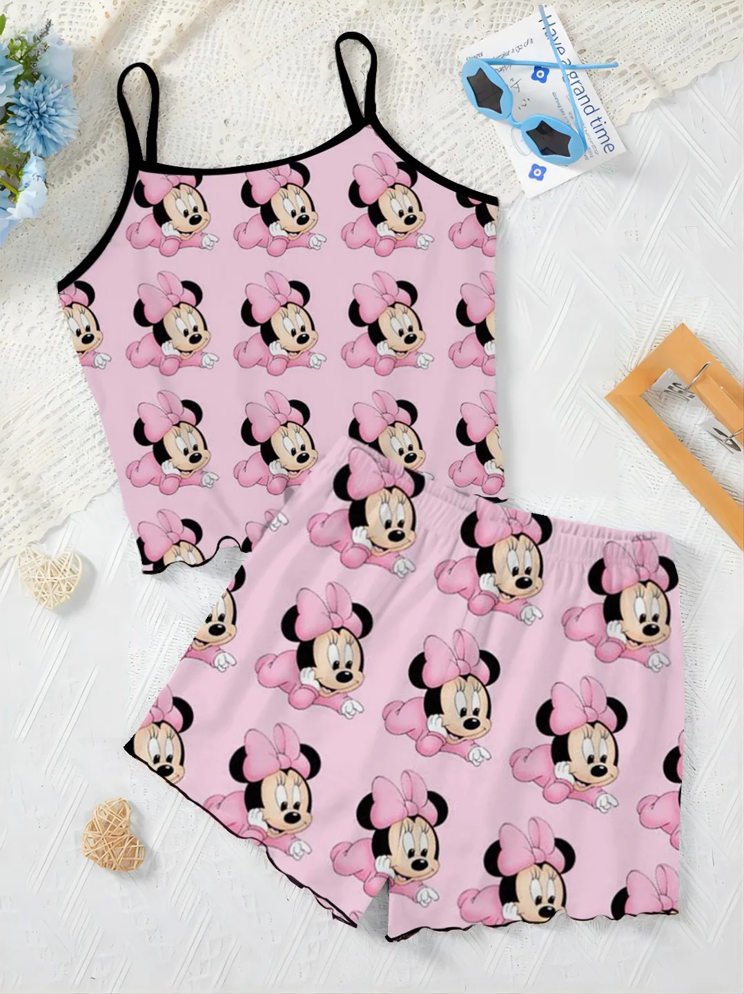 Slip Dress Short Sets for Women 2 Pieces Mickey Top Minnie Mouse Lettuce Trim Disney Pajama Skirt T-shirt Elegant Women's Suit