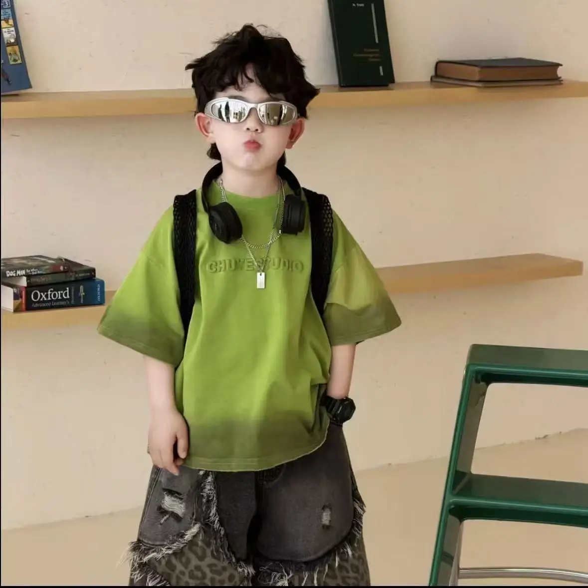 

Boys' Summer Set Children's New Fashionable Gradient T-shirt Leopard Print Denim Shorts Two-piece Set